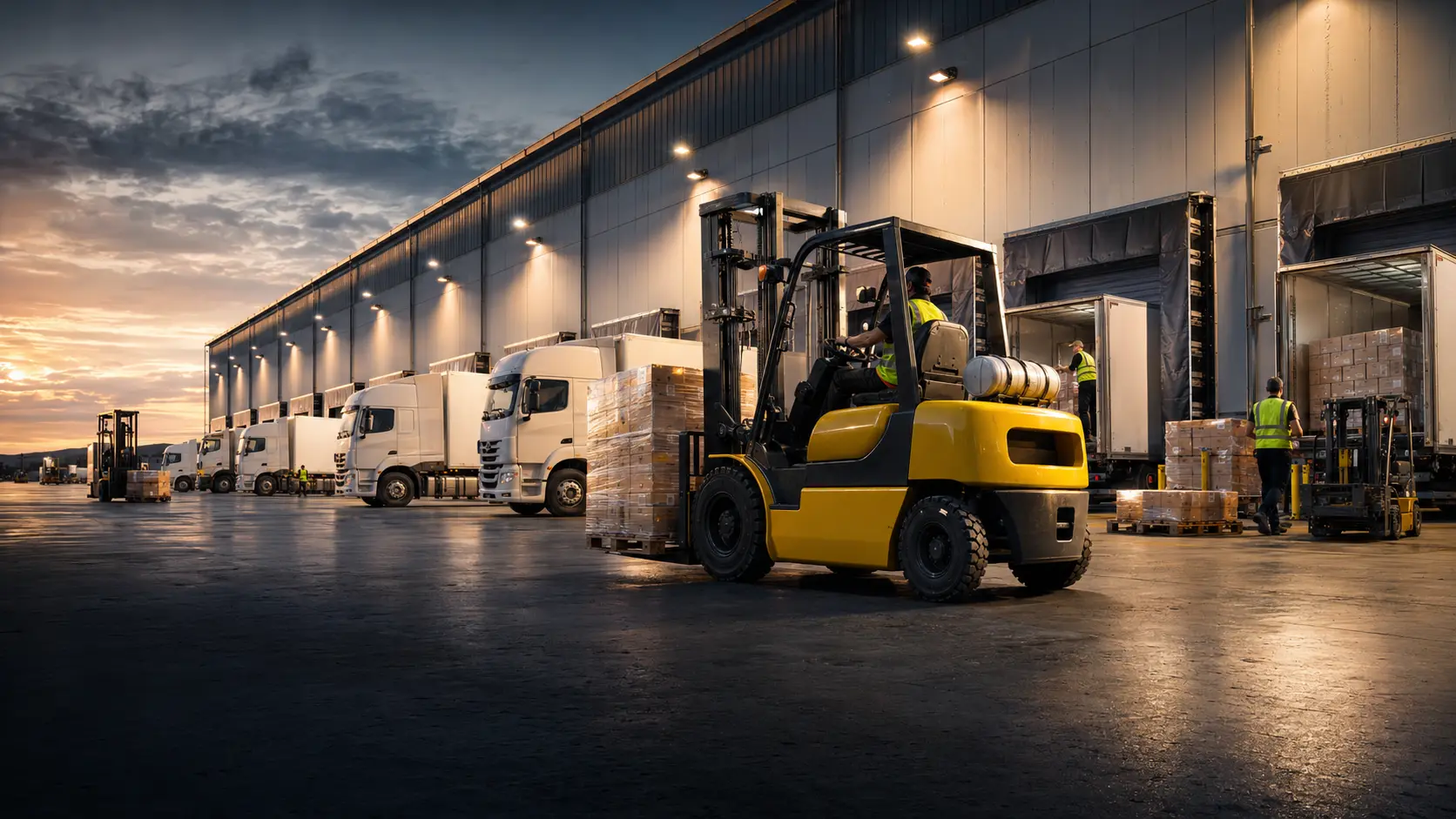 Crossdock warehouse floor with trucks, forklifts, pallets, and workers