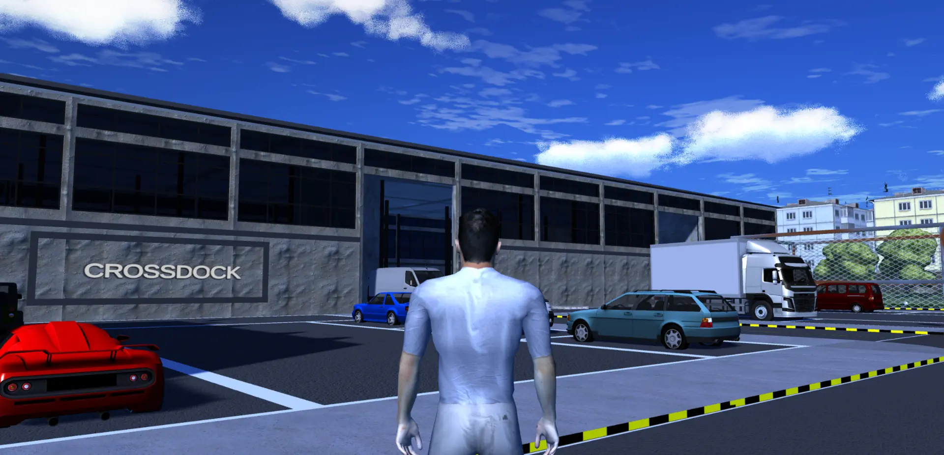 Crossdock warehouse exterior with the player, customer cars, and a truck